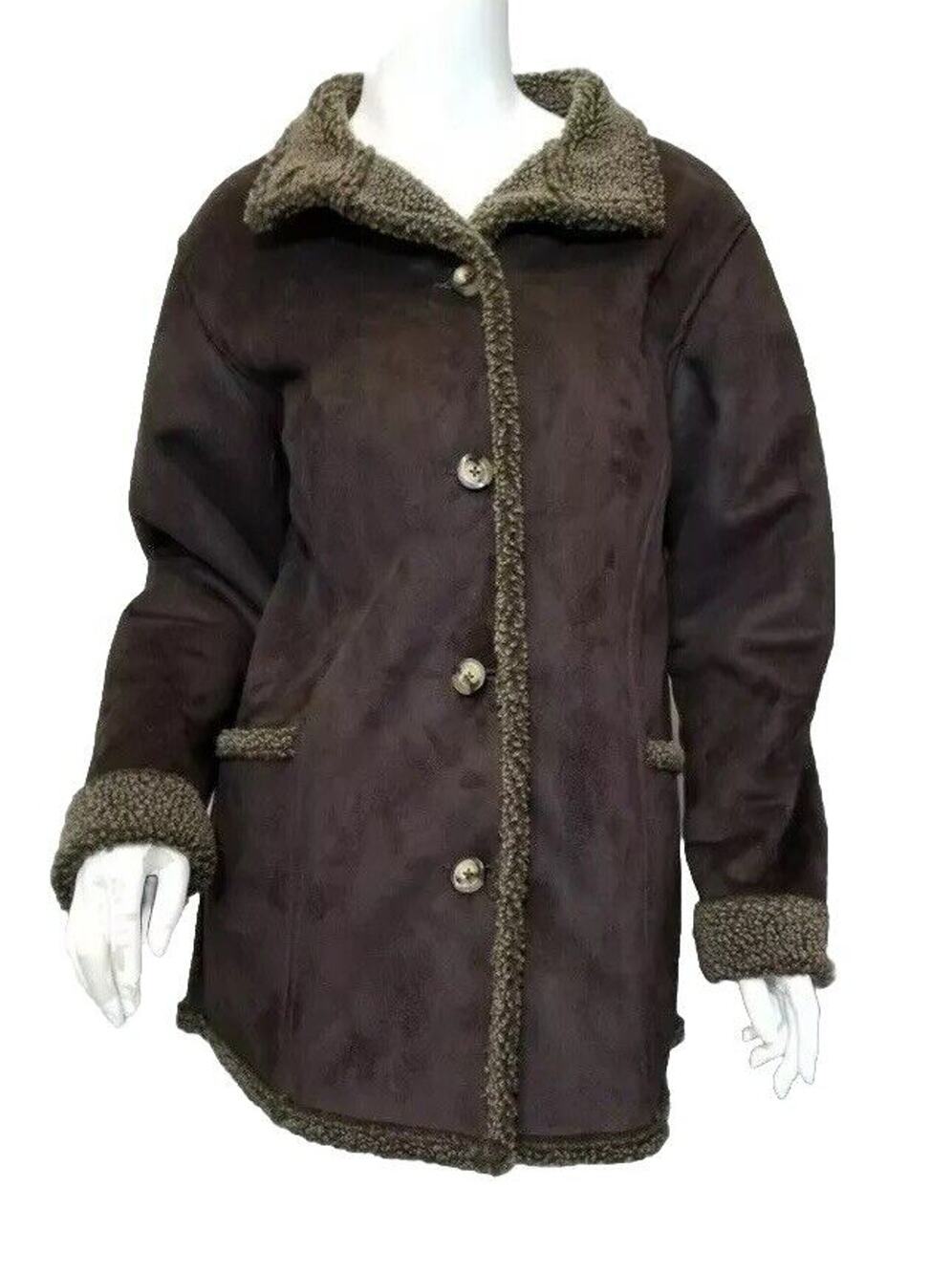 LL Bean Faux Suede Brown Shearling Sherpa Coat Lined Coat Women's Petite Large